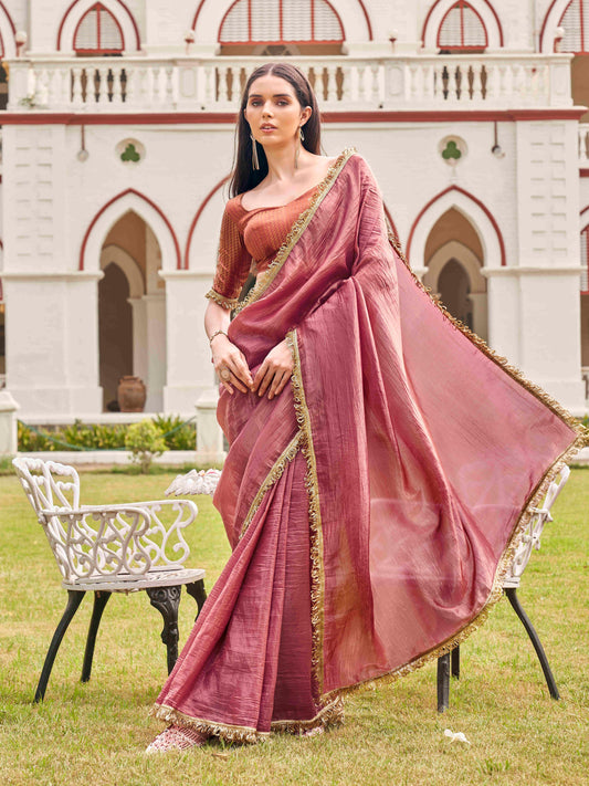 Dhiyona TI Women's Pink Colored Crushed Organza Saree With Unstitched Blouse
