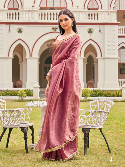 Dhiyona TI Women's Pink Colored Crushed Organza Saree With Unstitched Blouse