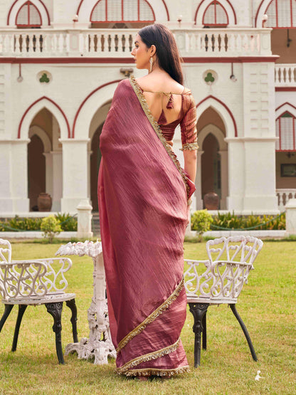 Dhiyona TI Women's Pink Colored Crushed Organza Saree With Unstitched Blouse
