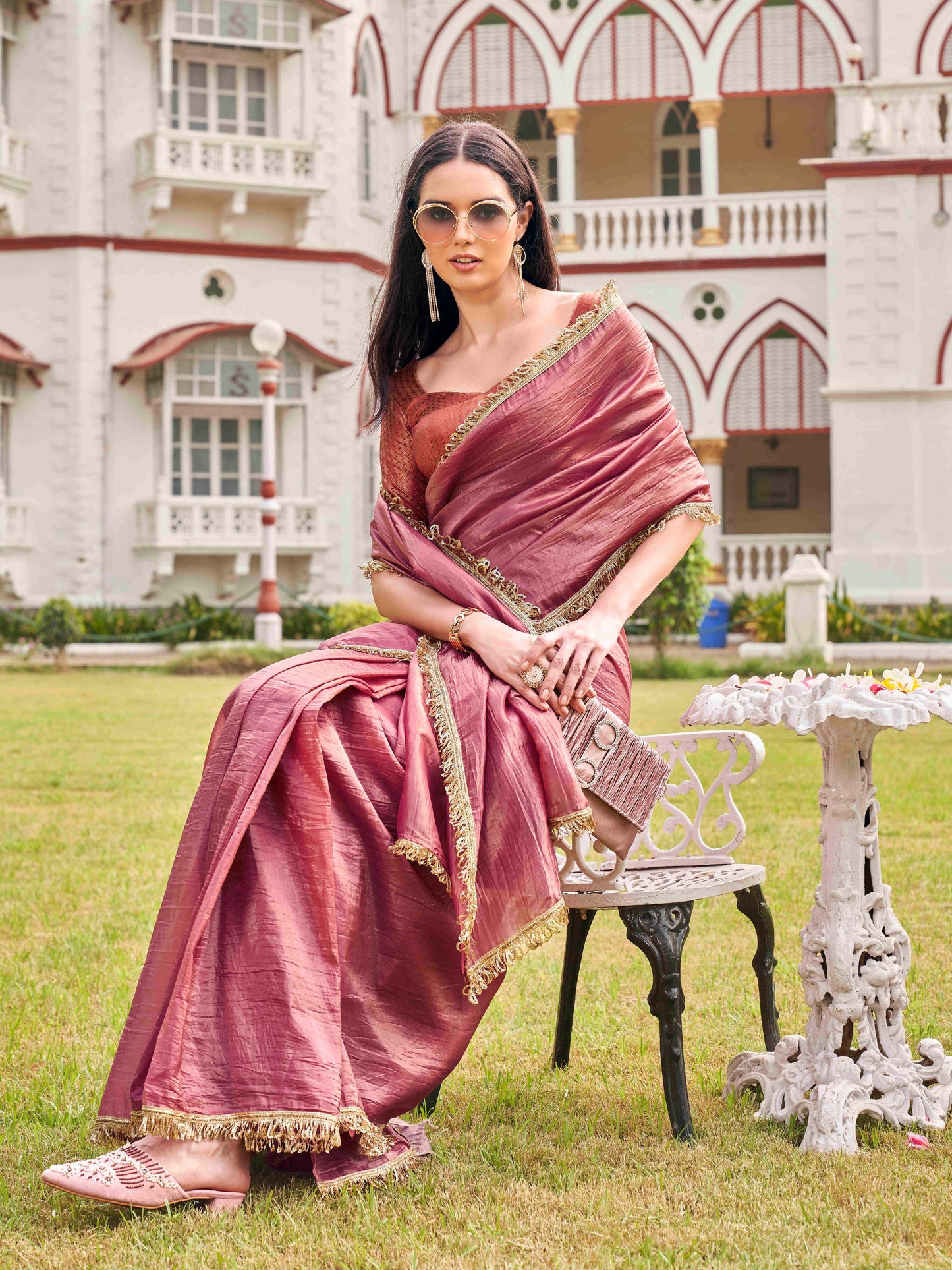 Dhiyona TI Women's Pink Colored Crushed Organza Saree With Unstitched Blouse