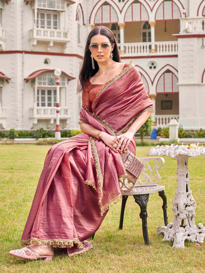 Dhiyona TI Women's Pink Colored Crushed Organza Saree With Unstitched Blouse
