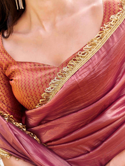 Dhiyona TI Women's Pink Colored Crushed Organza Saree With Unstitched Blouse