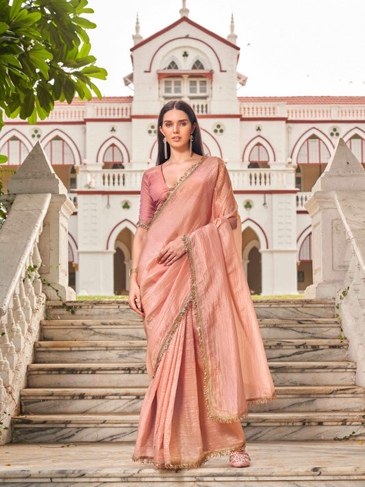 Dhiyona TI Women's Peach Colored Crushed Organza Saree With Unstitched Blouse