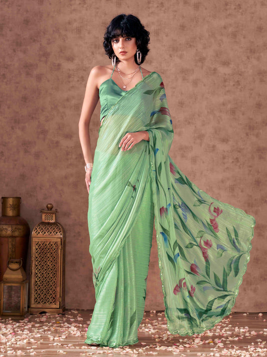 Dhiyona TI Women's Green Colored Hand Painted Striped Satin Scalloped Border Saree with Unstitched Blouse