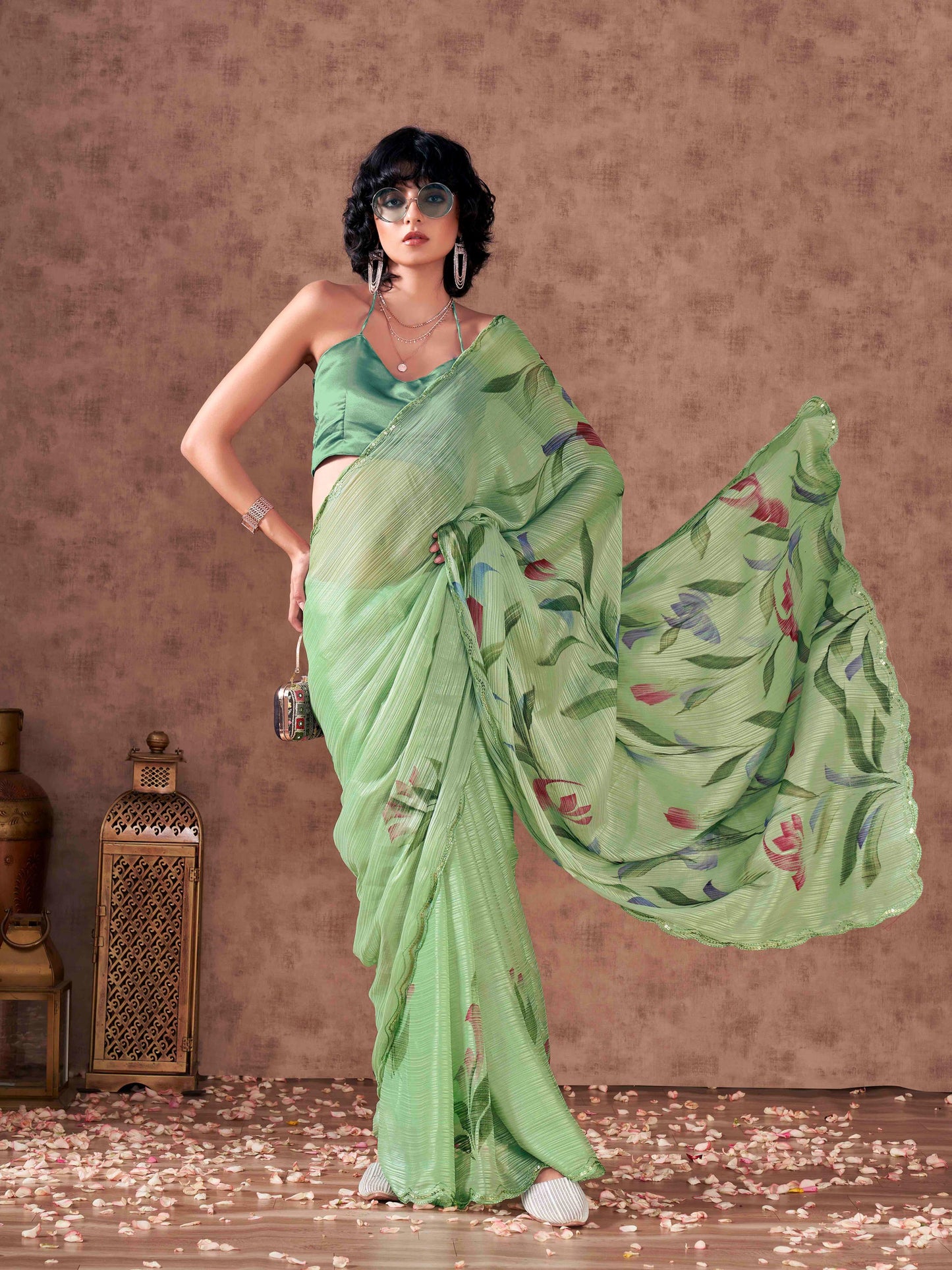 Dhiyona TI Women's Green Colored Hand Painted Striped Satin Scalloped Border Saree with Unstitched Blouse