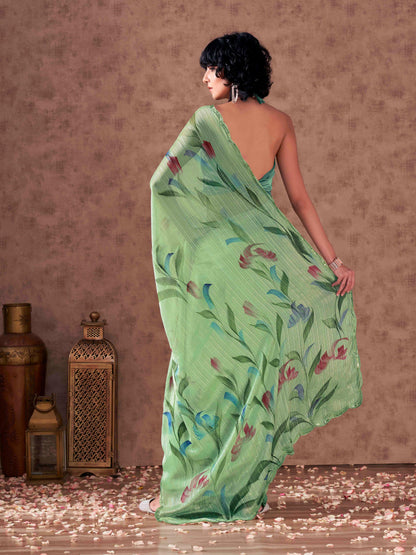 Dhiyona TI Women's Green Colored Hand Painted Striped Satin Scalloped Border Saree with Unstitched Blouse
