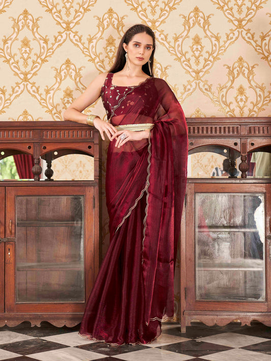 Dhiyona TI Women's Maroon Colored Satin Chiffon Embroidered & Scalloped Border Saree with Unstitched Blouse