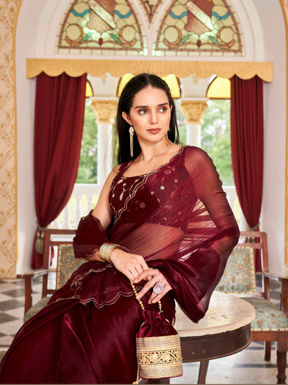 Dhiyona TI Women's Maroon Colored Satin Chiffon Embroidered & Scalloped Border Saree with Unstitched Blouse