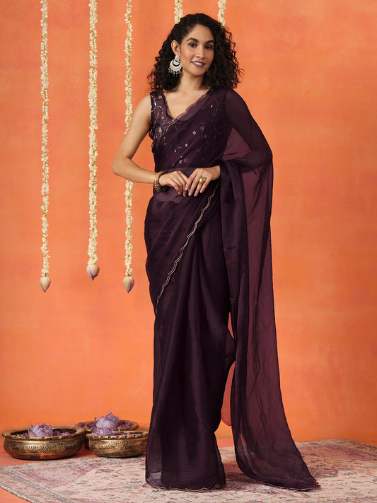 Dhiyona TI Women's Wine Colored Satin Chiffon Saree With Unstitched Blouse
