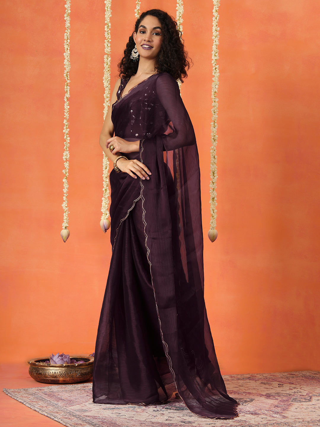 Dhiyona TI Women's Wine Colored Satin Chiffon Saree With Unstitched Blouse