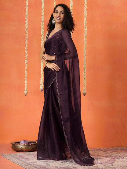 Dhiyona TI Women's Wine Colored Satin Chiffon Saree With Unstitched Blouse