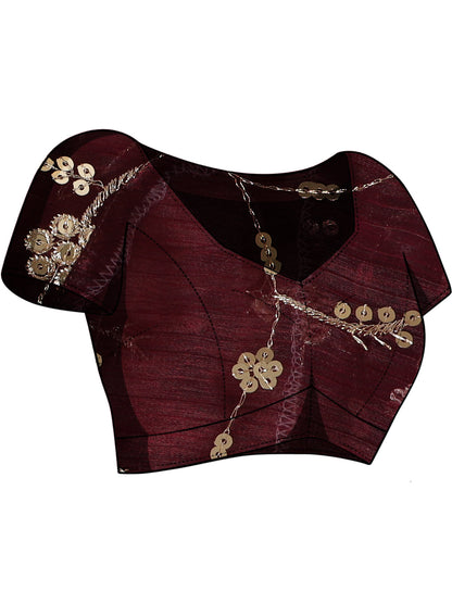 Dhiyona TI Women's Wine Colored Satin Chiffon Saree With Unstitched Blouse