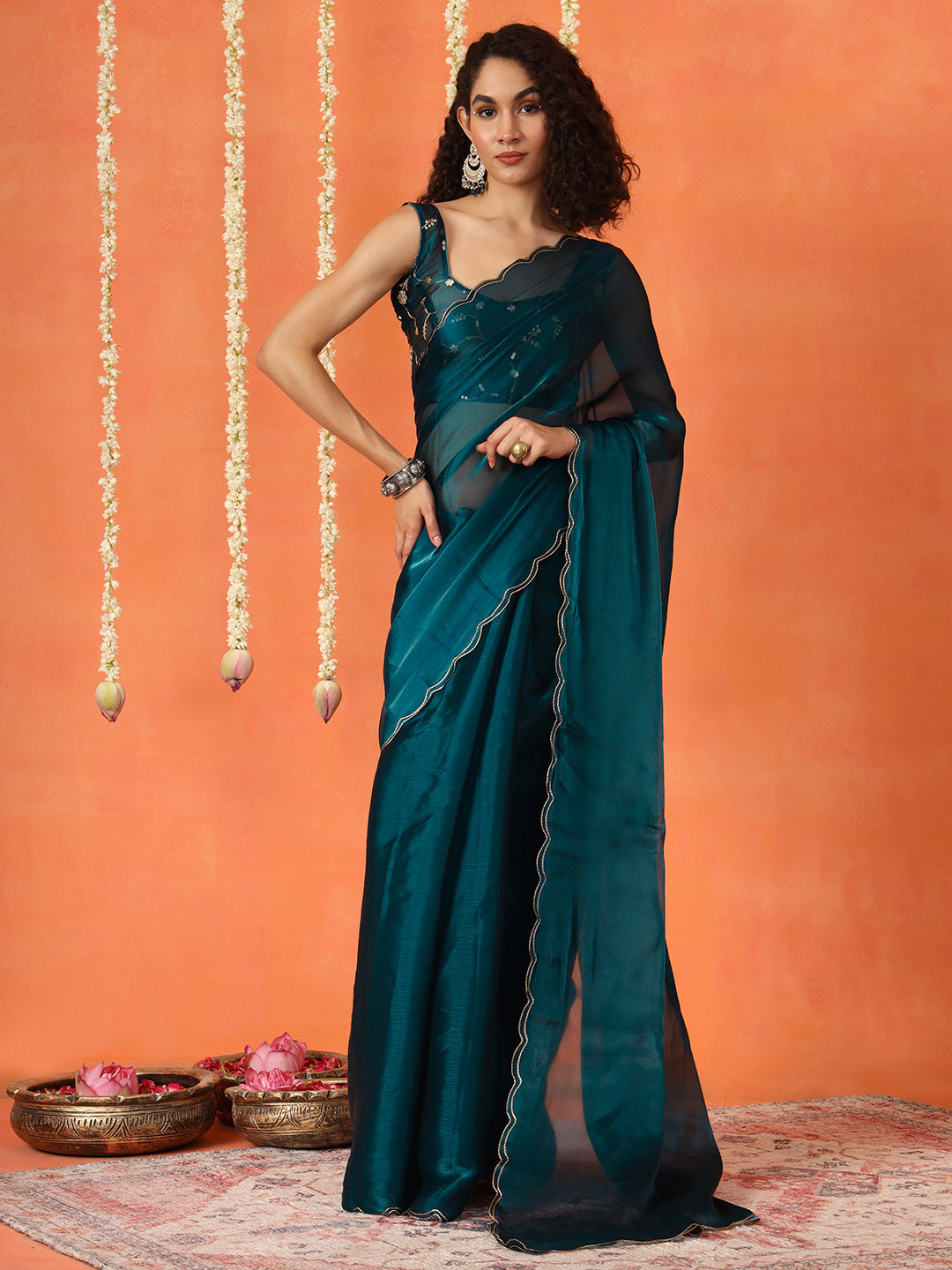 Dhiyona TI Women's Teal Colored Satin Chiffon Saree With Unstitched Blouse