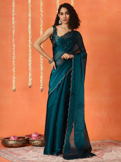 Dhiyona TI Women's Teal Colored Satin Chiffon Saree With Unstitched Blouse