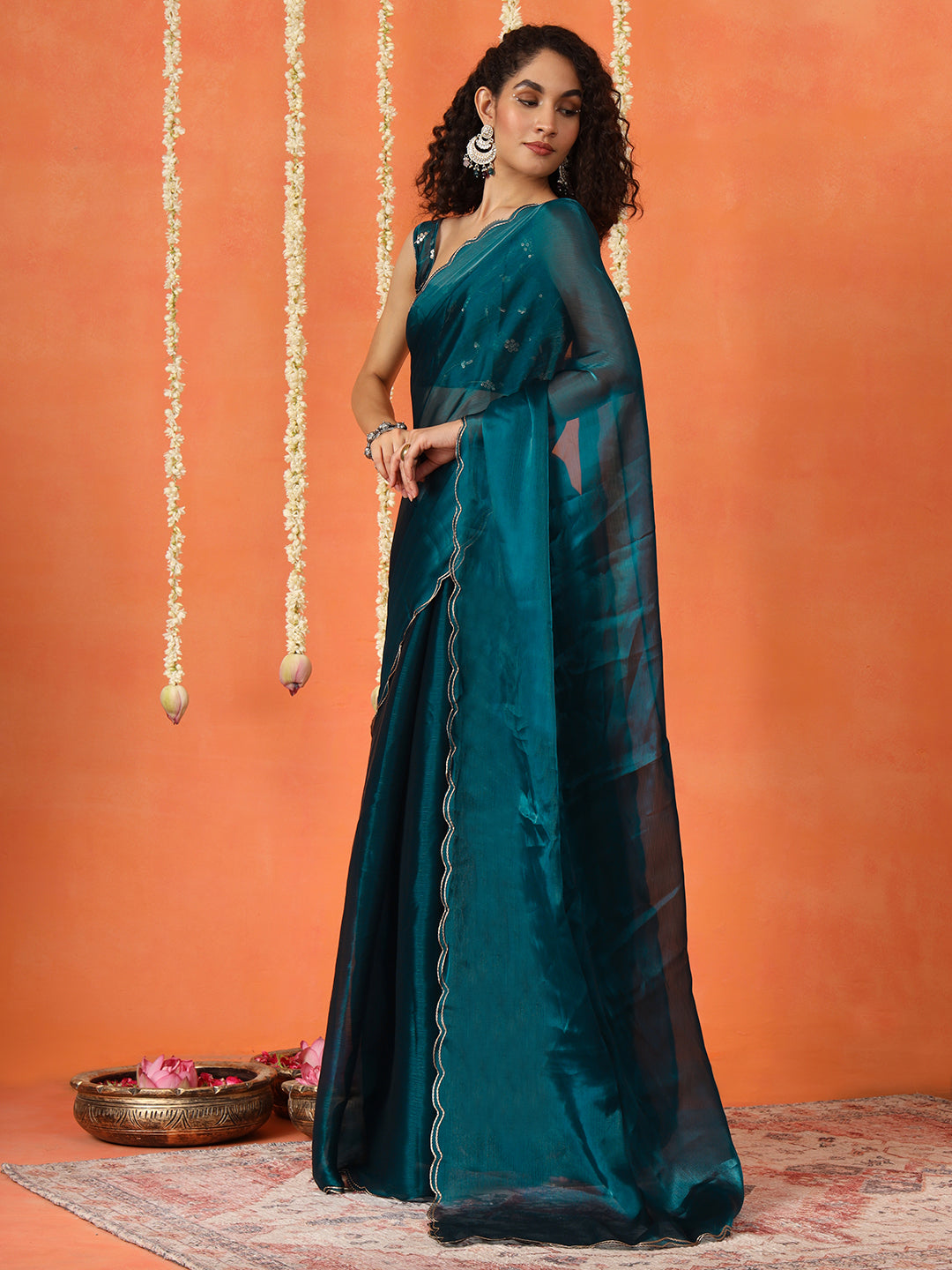 Dhiyona TI Women's Teal Colored Satin Chiffon Saree With Unstitched Blouse