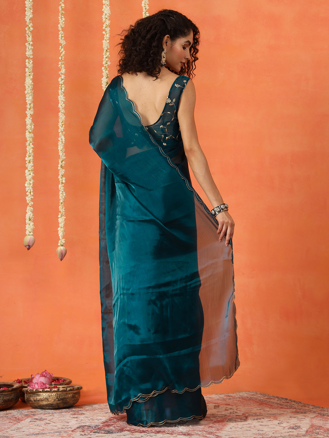 Dhiyona TI Women's Teal Colored Satin Chiffon Saree With Unstitched Blouse