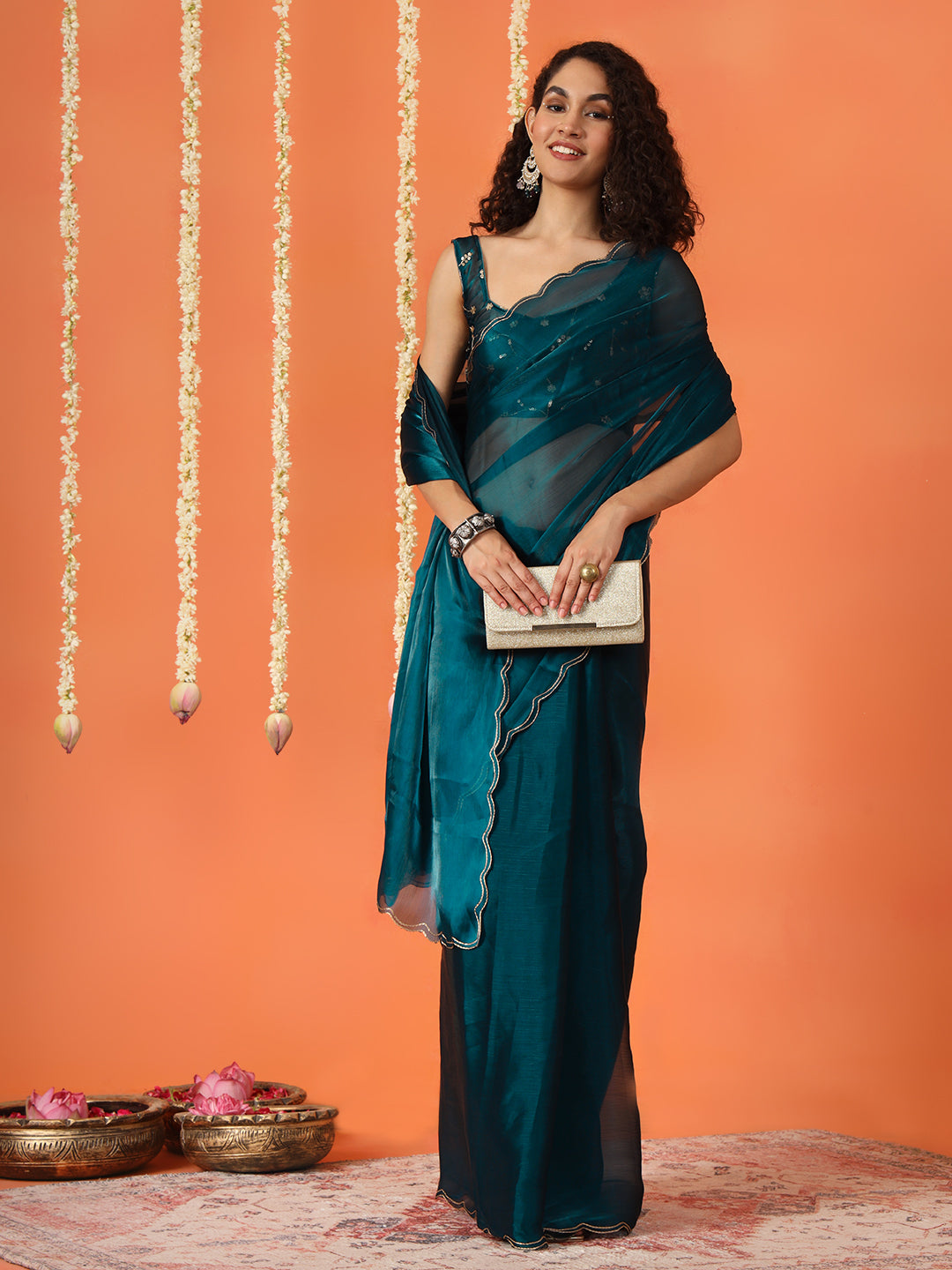 Dhiyona TI Women's Teal Colored Satin Chiffon Saree With Unstitched Blouse