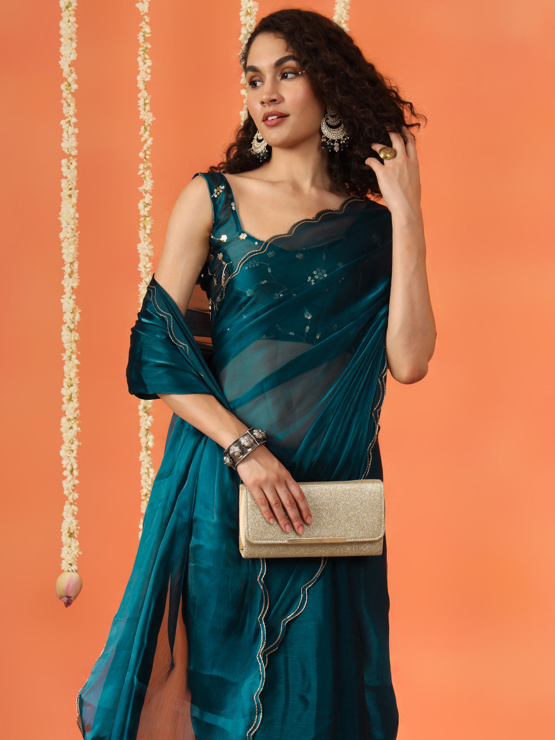 Dhiyona TI Women's Teal Colored Satin Chiffon Saree With Unstitched Blouse