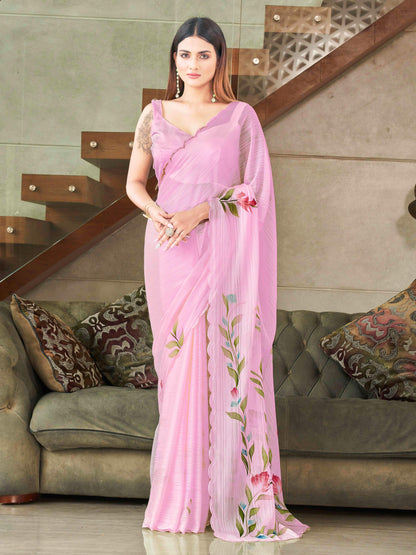 Dhiyona TI Women's Pink Striped Shimmer Floral Hand Print & Scalloped Border Saree with Unstitched Blouse