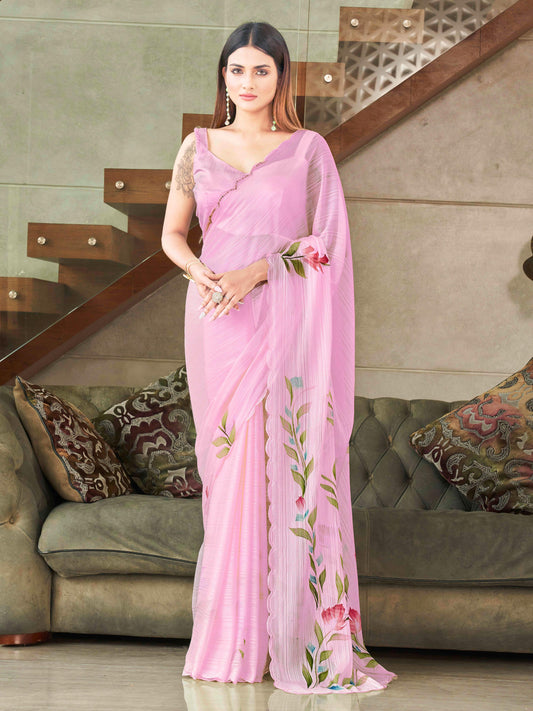 Dhiyona TI Women's Pink Striped Shimmer Floral Hand Print & Scalloped Border Saree with Unstitched Blouse