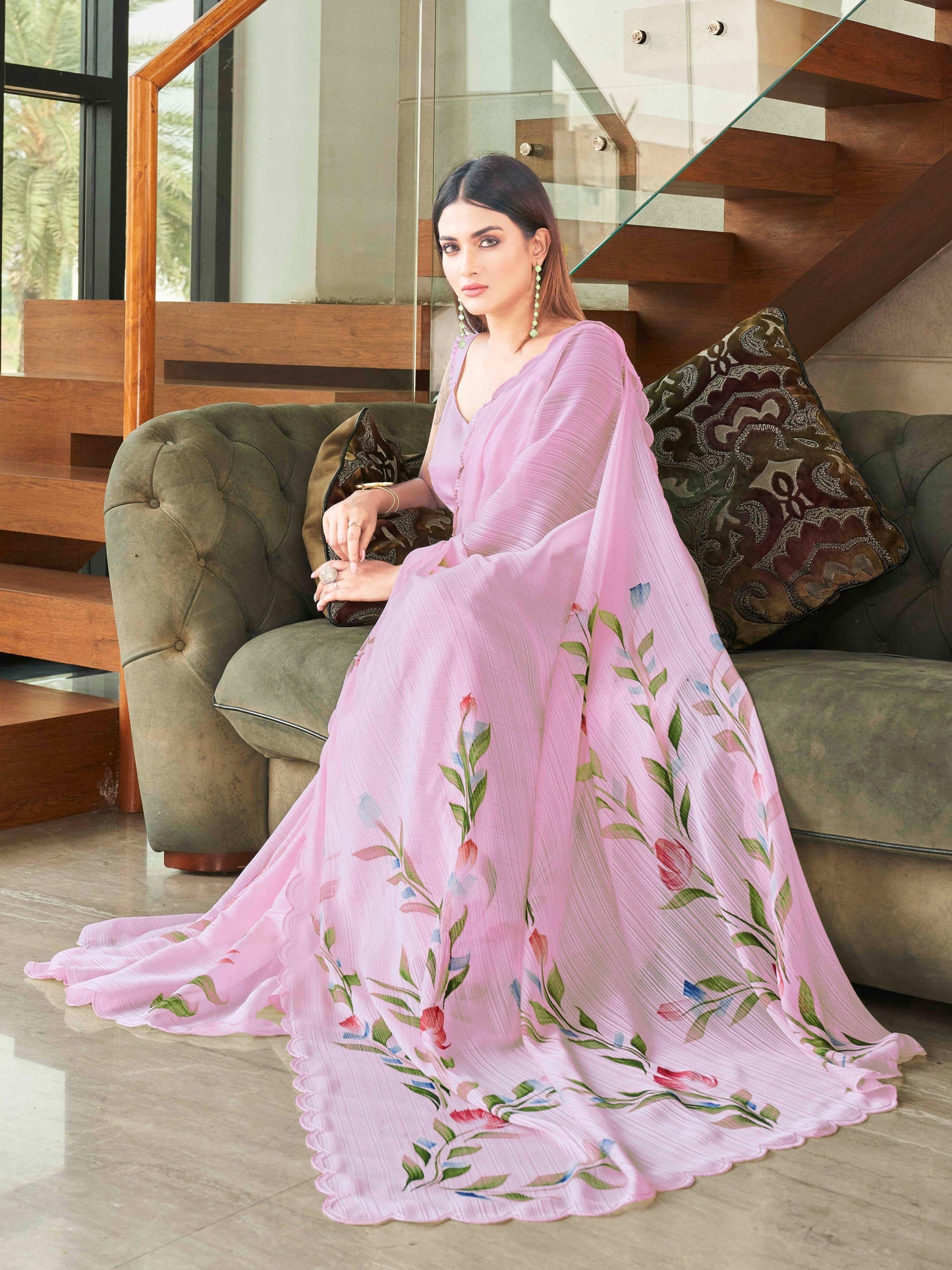 Dhiyona TI Women's Pink Striped Shimmer Floral Hand Print & Scalloped Border Saree with Unstitched Blouse