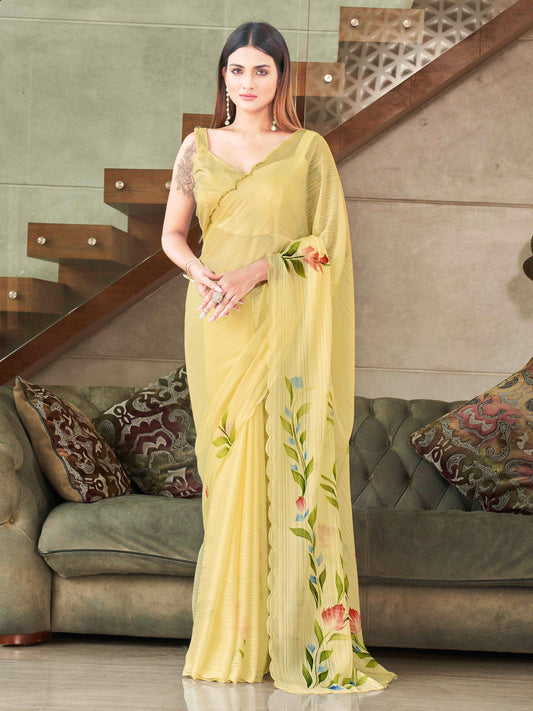 Dhiyona TI Women's Yellow Striped Shimmer Floral Hand Print & Scalloped Border Saree with Unstitched Blouse