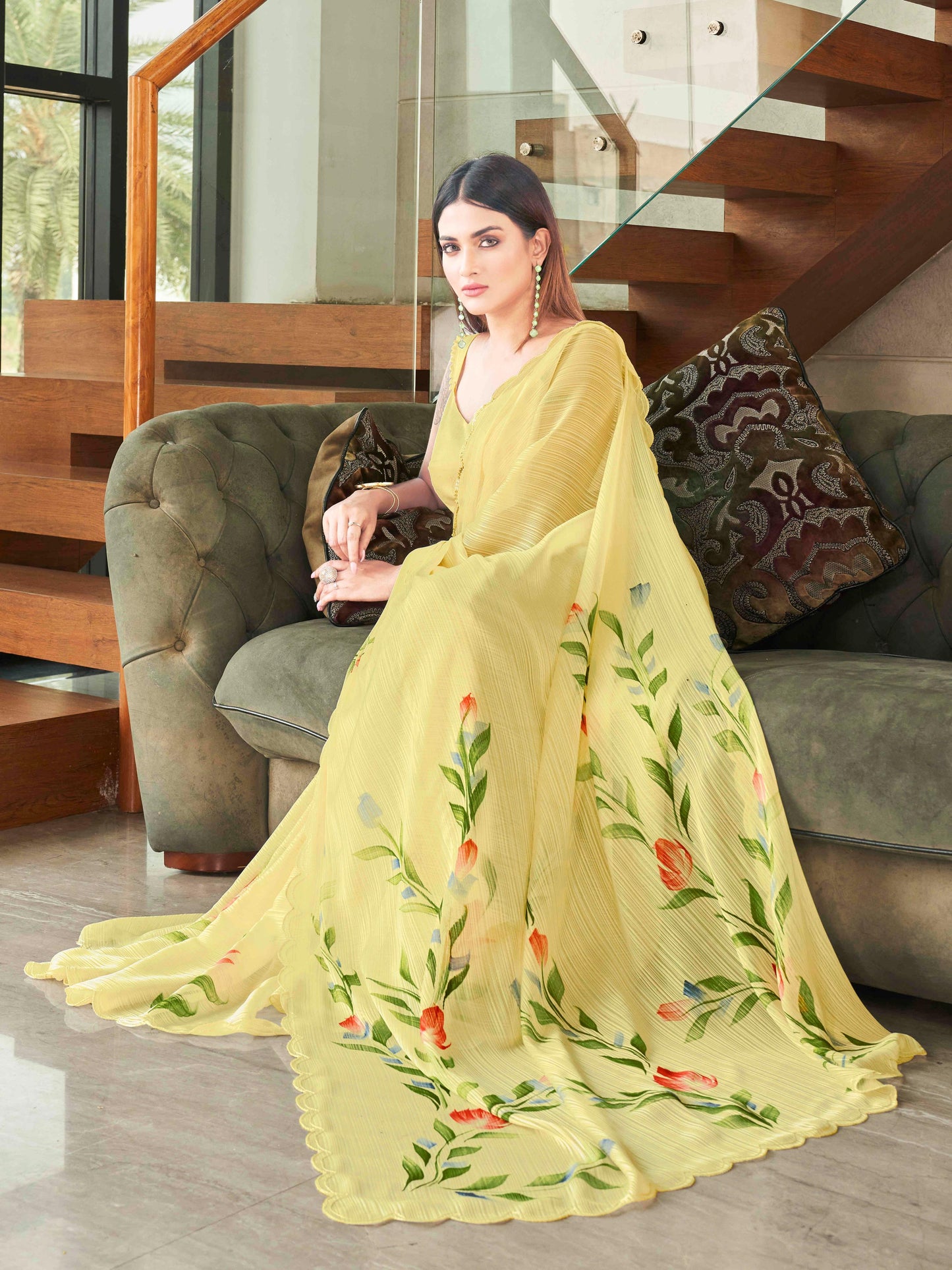 Dhiyona TI Women's Yellow Striped Shimmer Floral Hand Print & Scalloped Border Saree with Unstitched Blouse