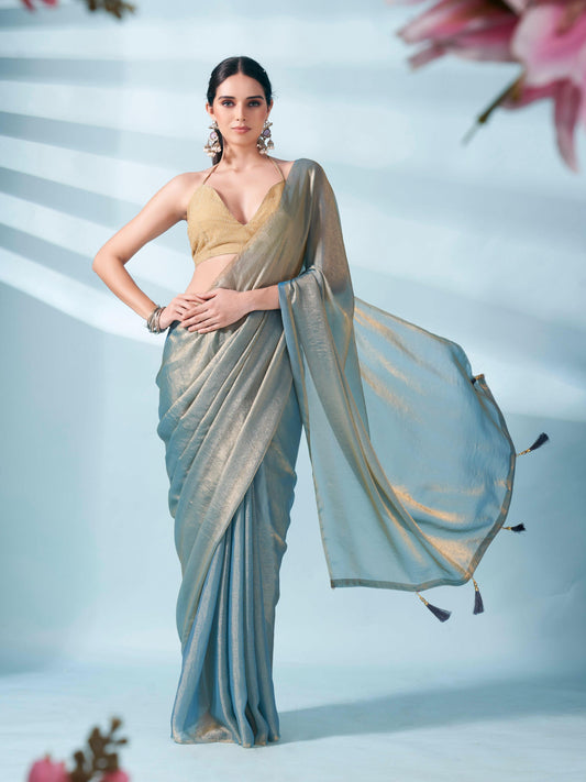 Dhiyona TI Women's Blue Two Tone Shimmer Chiffon Saree With Unstitched Blouse