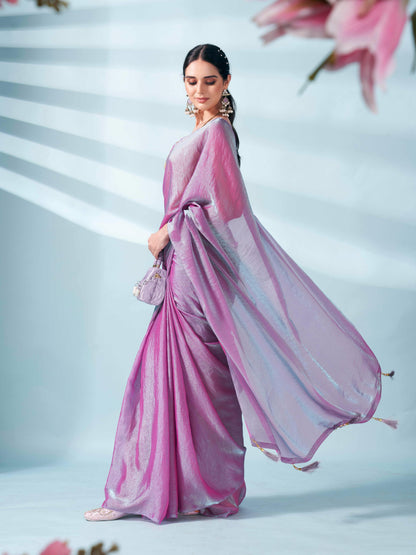 Dhiyona TI Women's Pink Two Tone Shimmer Chiffon Saree With Unstitched Blouse