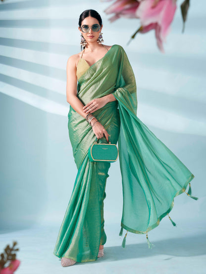 Dhiyona TI Women's Sea Green Two Tone Shimmer Chiffon Saree With Unstitched Blouse