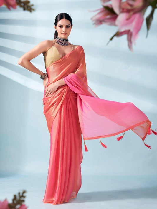 Dhiyona TI Women's Pink And Gold Two Tone Shimmer Chiffon Saree With Unstitched Blouse
