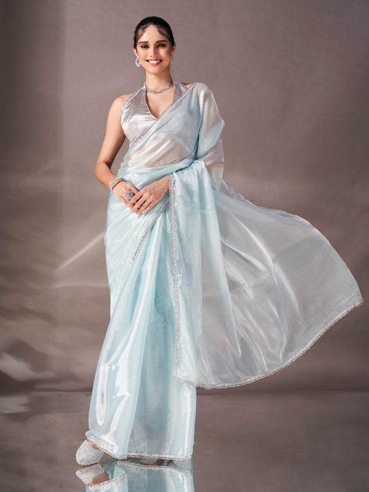 Dhiyona TI Women's Sky Blue Colored Shimmer Satin Lace Saree With Unstitched Blouse