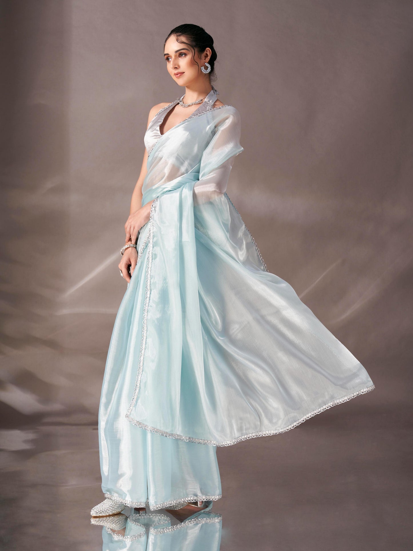 Dhiyona TI Women's Sky Blue Colored Shimmer Satin Lace Saree With Unstitched Blouse