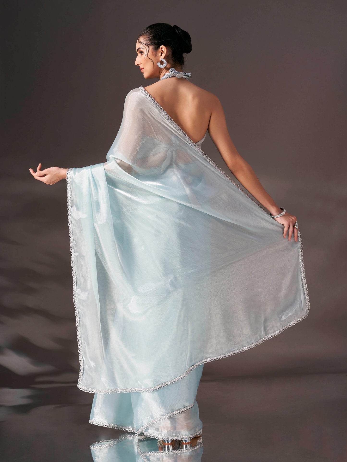 Dhiyona TI Women's Sky Blue Colored Shimmer Satin Lace Saree With Unstitched Blouse