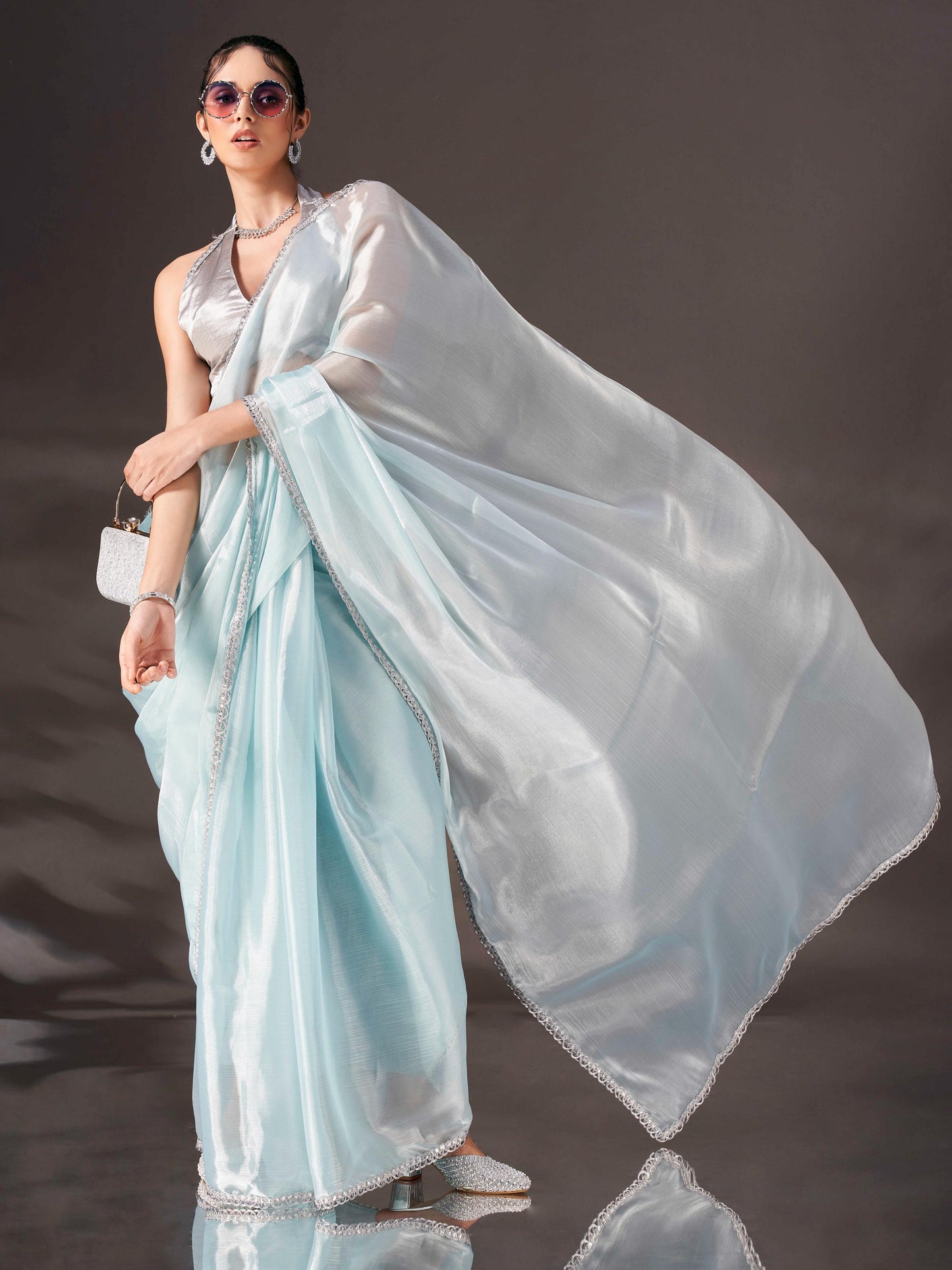 Dhiyona TI Women's Sky Blue Colored Shimmer Satin Lace Saree With Unstitched Blouse