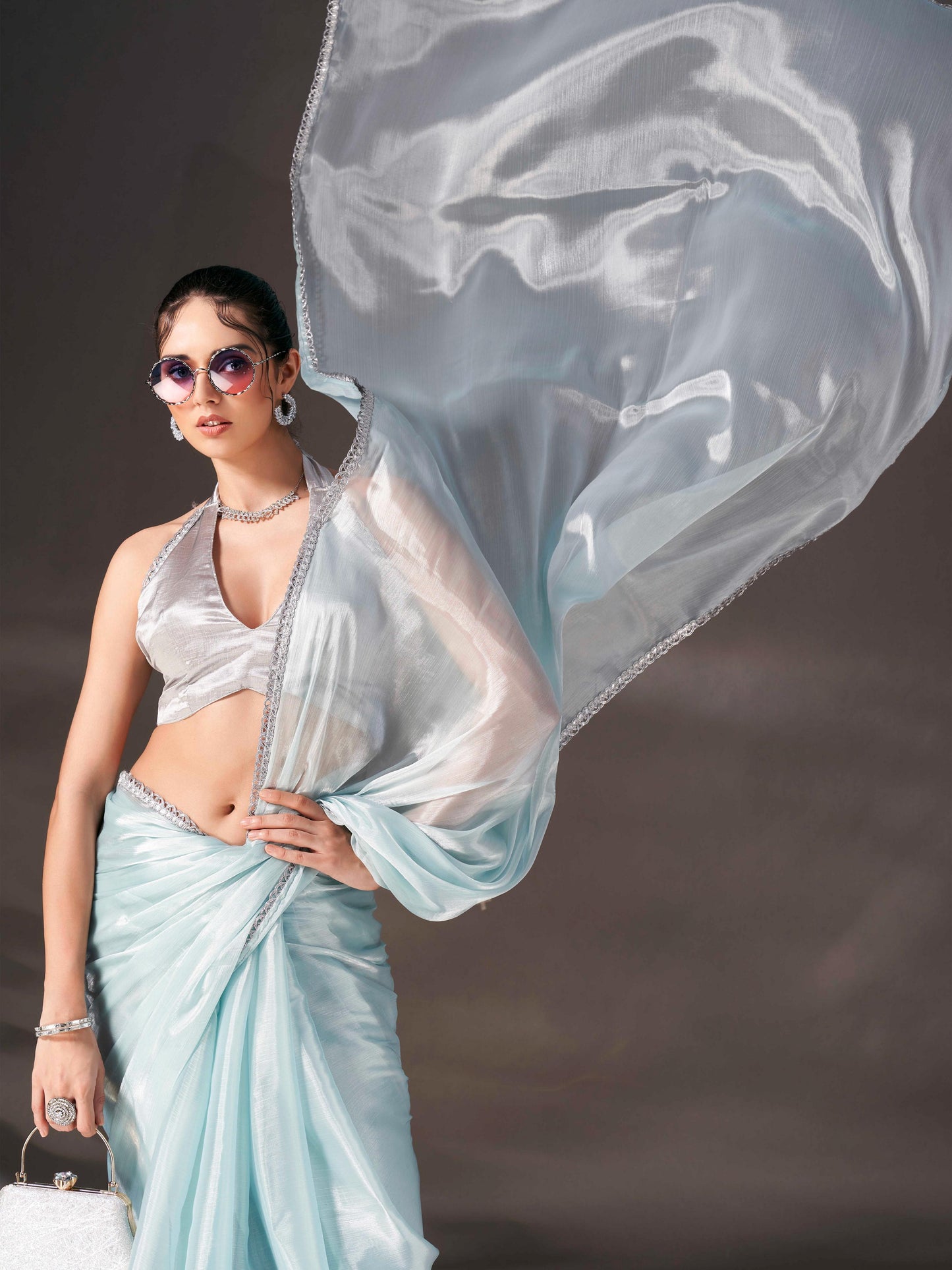 Dhiyona TI Women's Sky Blue Colored Shimmer Satin Lace Saree With Unstitched Blouse