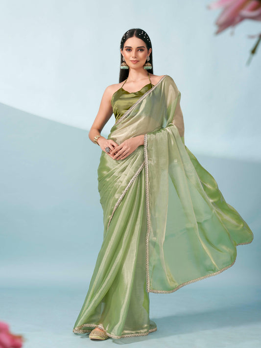 Dhiyona TI Women's Green Colored Shimmer Satin Lace Saree With Unstitched Blouse