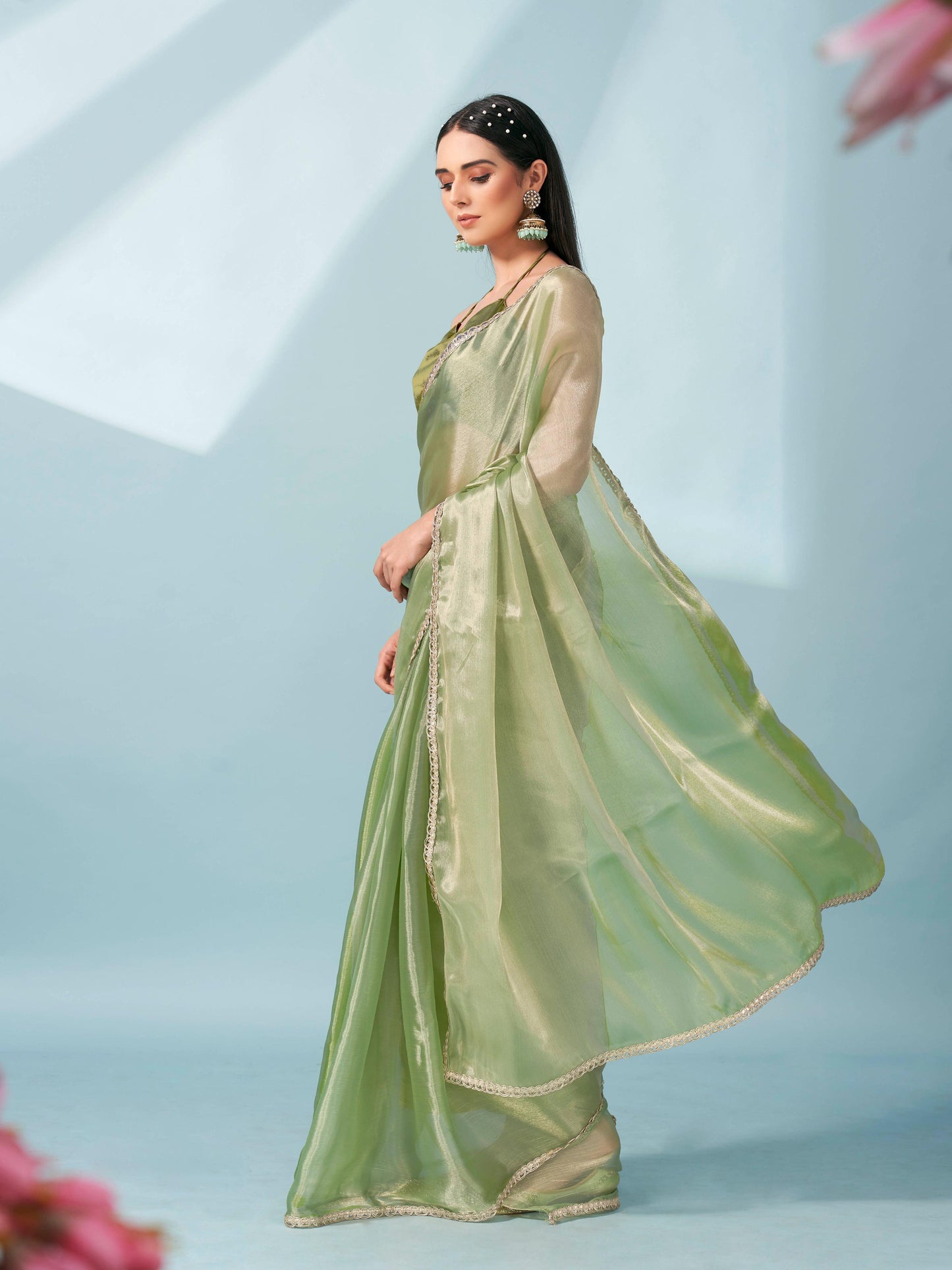 Dhiyona TI Women's Green Colored Shimmer Satin Lace Saree With Unstitched Blouse