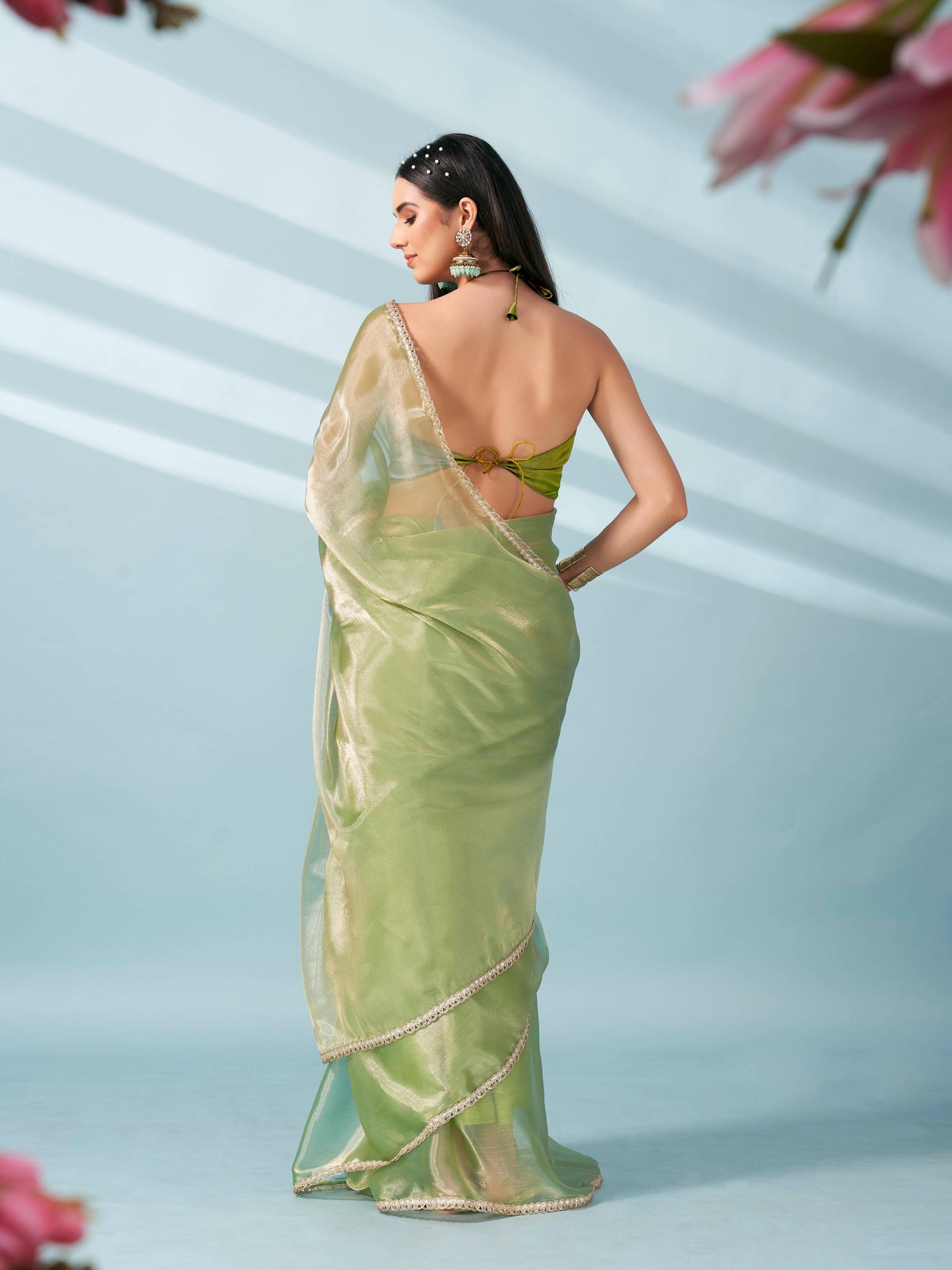 Dhiyona TI Women's Green Colored Shimmer Satin Lace Saree With Unstitched Blouse