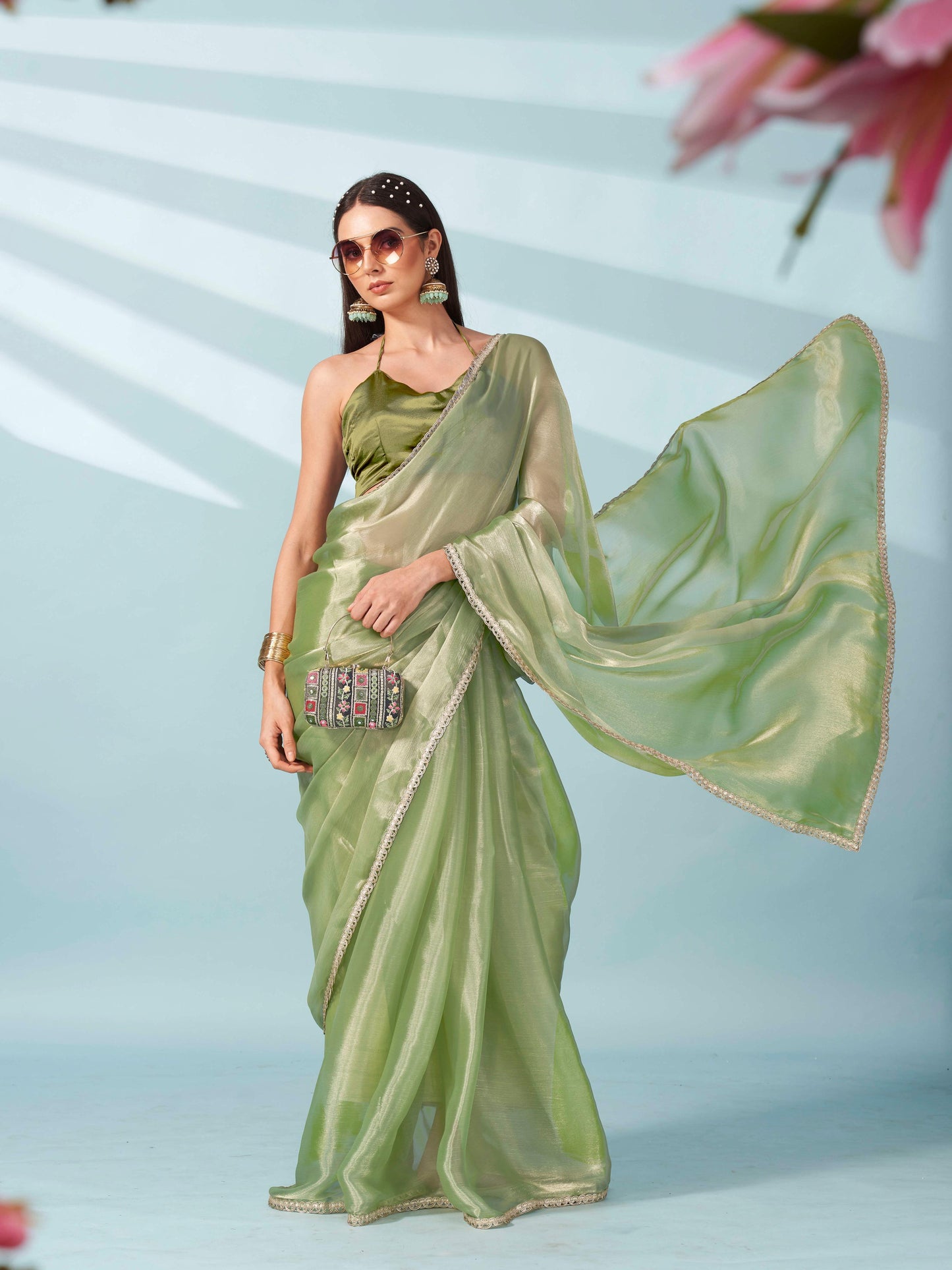 Dhiyona TI Women's Green Colored Shimmer Satin Lace Saree With Unstitched Blouse