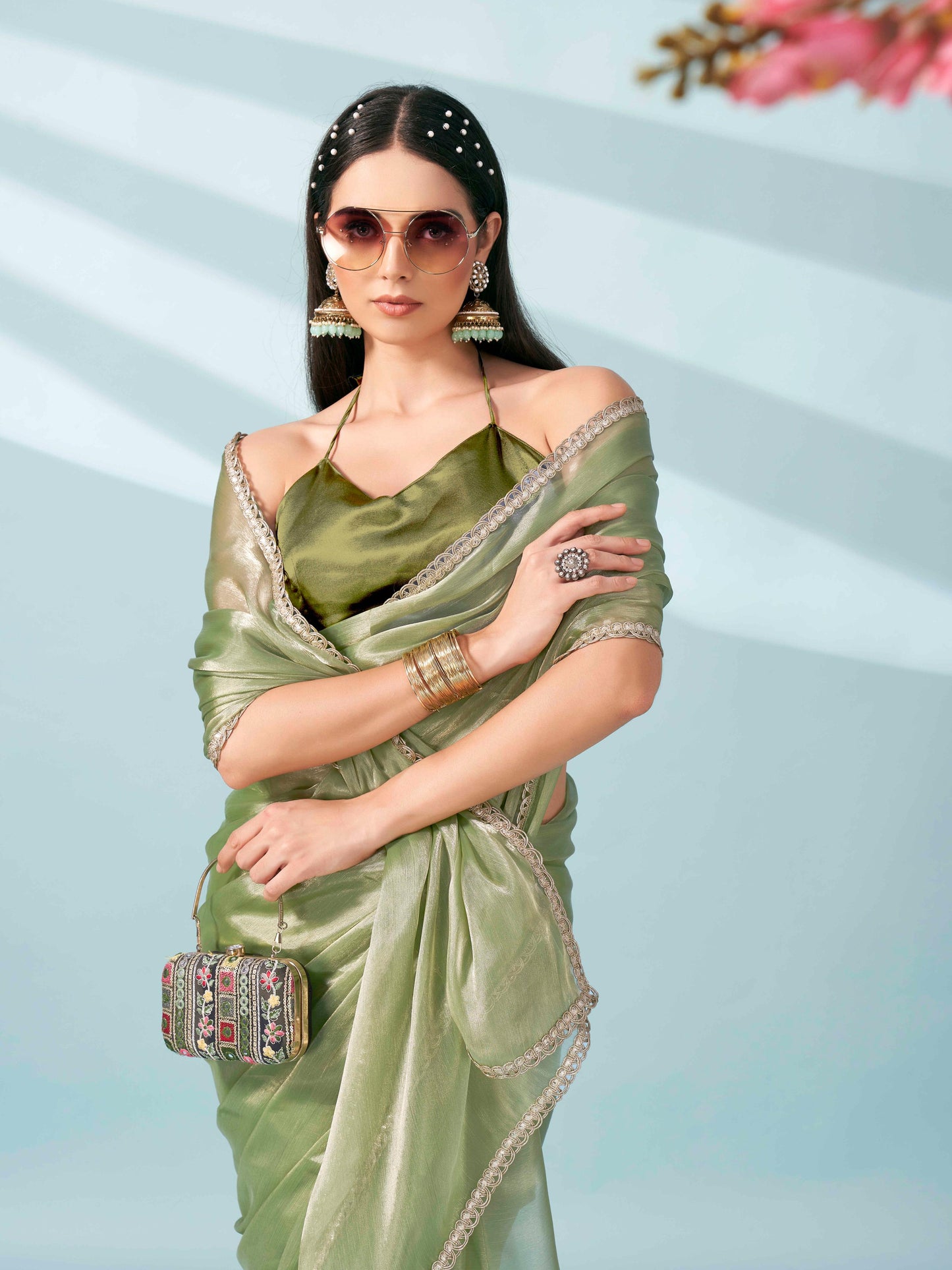 Dhiyona TI Women's Green Colored Shimmer Satin Lace Saree With Unstitched Blouse