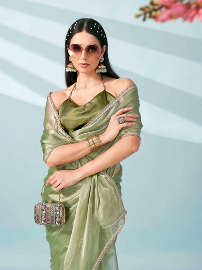 Dhiyona TI Women's Green Colored Shimmer Satin Lace Saree With Unstitched Blouse