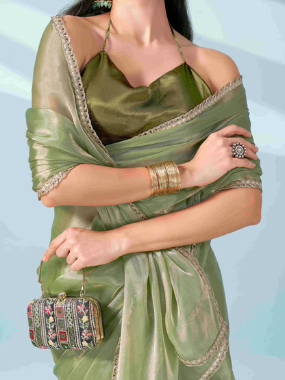 Dhiyona TI Women's Green Colored Shimmer Satin Lace Saree With Unstitched Blouse