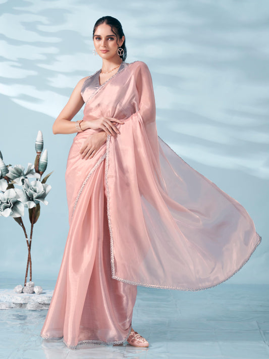 Dhiyona TI Women's Peach Colored Shimmer Satin Lace Saree With Unstitched Blouse