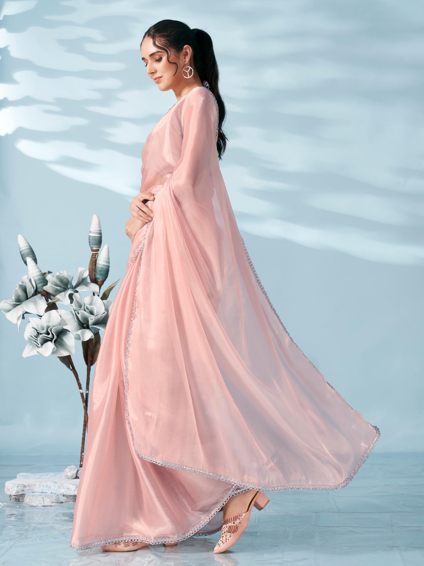 Dhiyona TI Women's Peach Colored Shimmer Satin Lace Saree With Unstitched Blouse