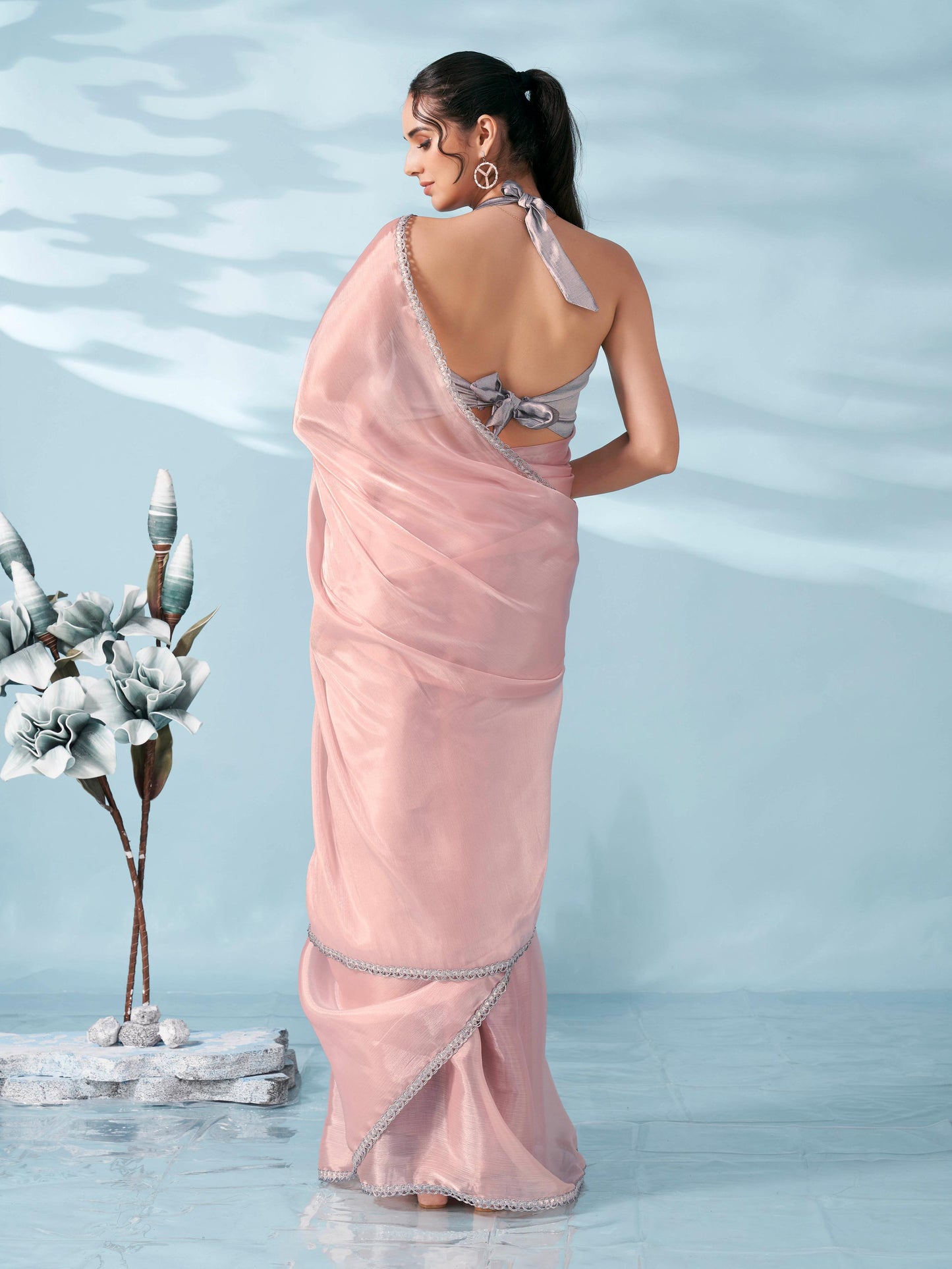 Dhiyona TI Women's Peach Colored Shimmer Satin Lace Saree With Unstitched Blouse