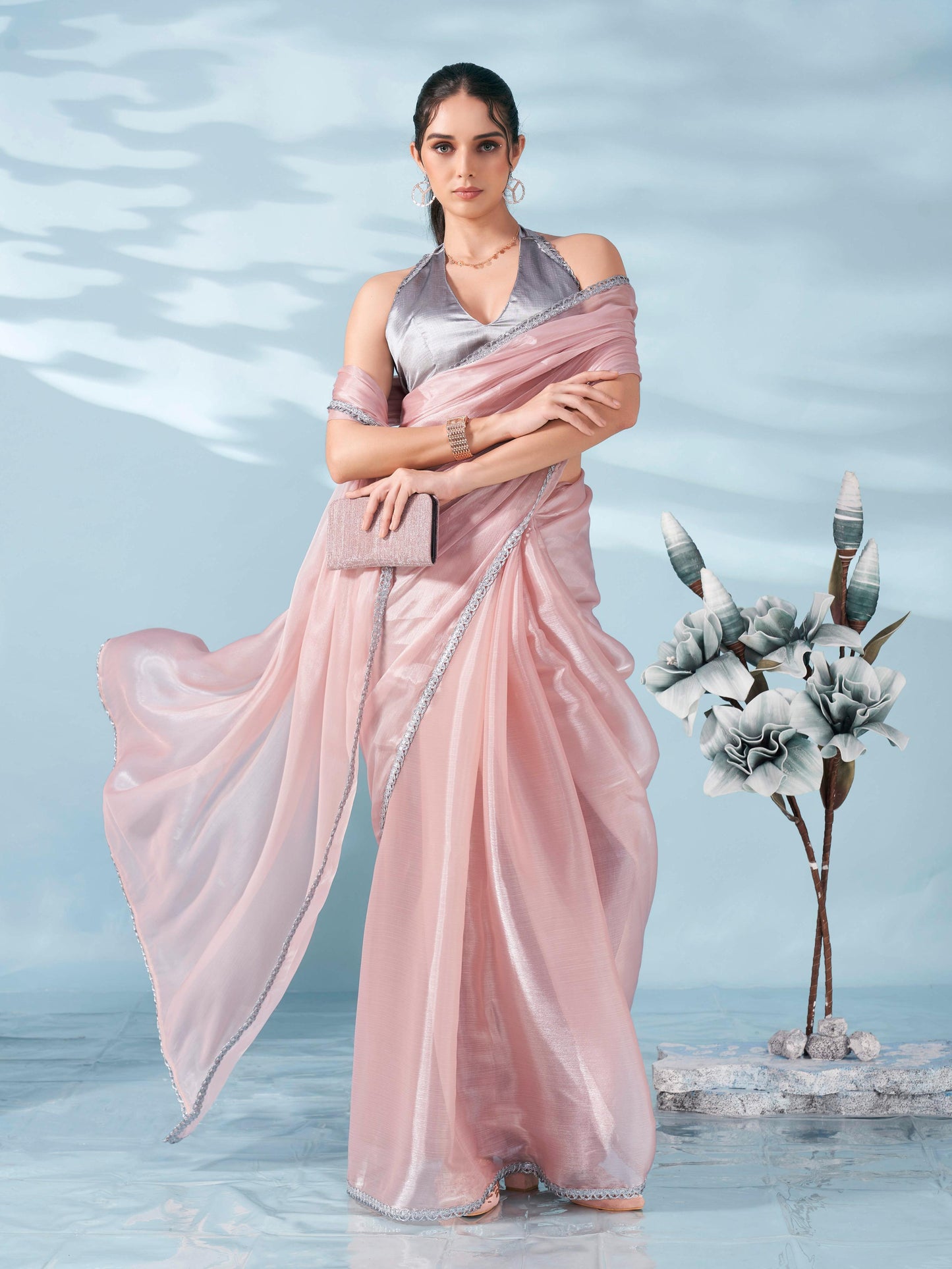 Dhiyona TI Women's Peach Colored Shimmer Satin Lace Saree With Unstitched Blouse