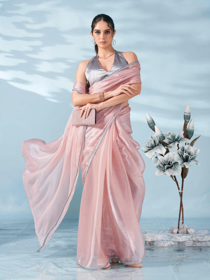 Dhiyona TI Women's Peach Colored Shimmer Satin Lace Saree With Unstitched Blouse