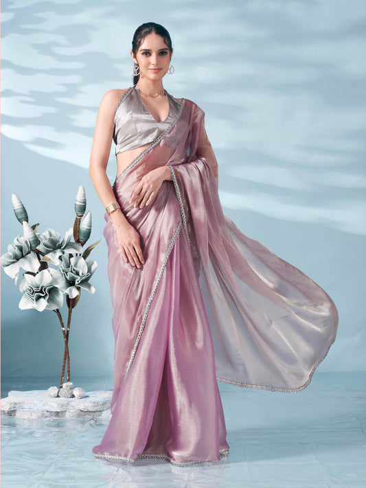 Dhiyona TI Women's Lavender Colored Shimmer Satin Lace Saree With Unstitched Blouse