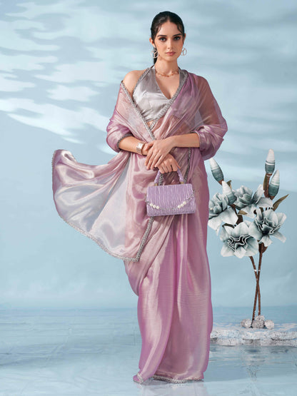 Dhiyona TI Women's Lavender Colored Shimmer Satin Lace Saree With Unstitched Blouse